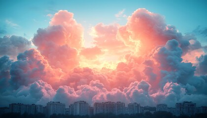 Fototapeta premium Pink Sunset Clouds Over Cityscape