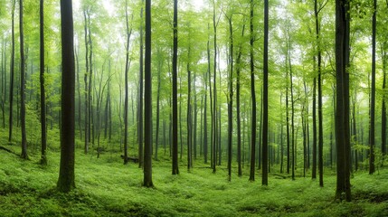 Fototapeta premium Lush green forest floor covered in vegetation with tall trees reaching for the sky