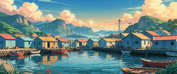 Small fishing village by the bay background anime retro cartoon concept illustration