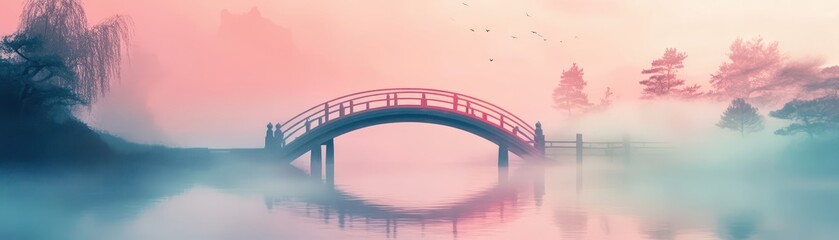Obraz premium Surreal Japanese bridge floating in an endless mist, soft gradients blending into dreamlike abstraction