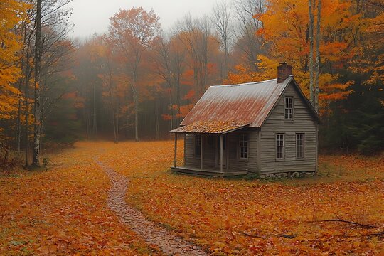Rustic cabin, autumn forest, misty path - Powered by Adobe