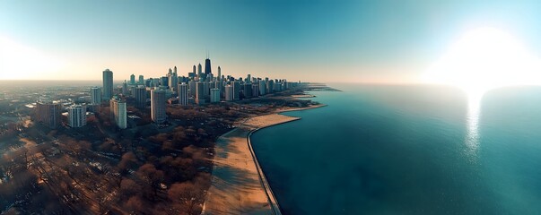 Obraz premium Chicago skyline meets lake michigan on a bright sunny day