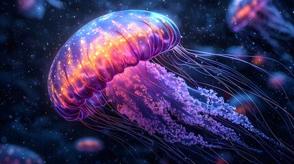 Fototapeta premium Majestic jellyfish gliding through the ocean waters displaying its graceful movement and stunning natural colors