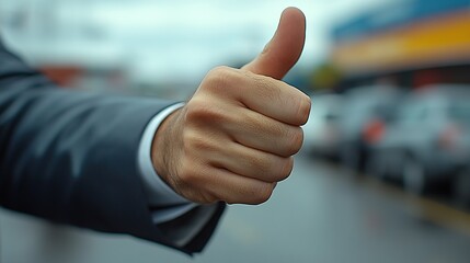 Businessman giving thumbs up in city parking lot