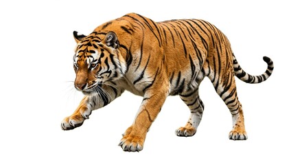 Fototapeta premium Majestic Bengal Tiger Walking Powerful Wild Cat Orange Fur Isolated on White Background