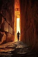 Man walks in stone building passage