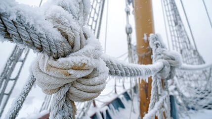 Obraz premium A close-up view of a frosted rope knot on a sailing ship, showcasing the intricate details and textures of ice and rope in a winter maritime scene.