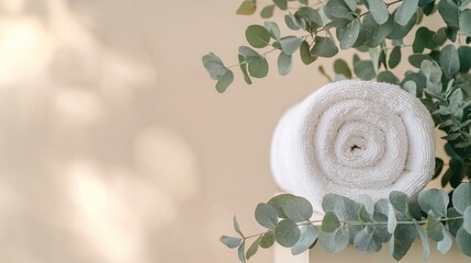 Minimalist Spa Concept with Rolled White Towel and Eucalyptus