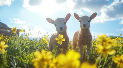 Fototapeta premium Sheep in Yellow Flowers Field