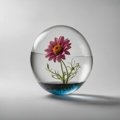 A surreal levitating flower encased in a glass bubble on white.