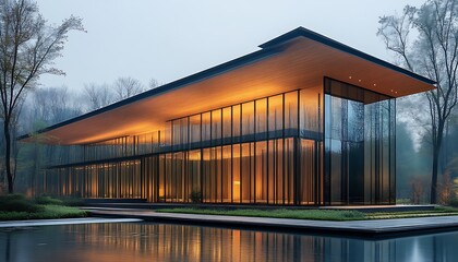 Obraz premium Illuminated Modern House, Forest Reflection