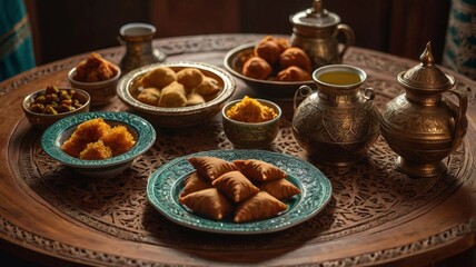 Delicious Middle Eastern Sweets Assortment on Carved Wooden Table