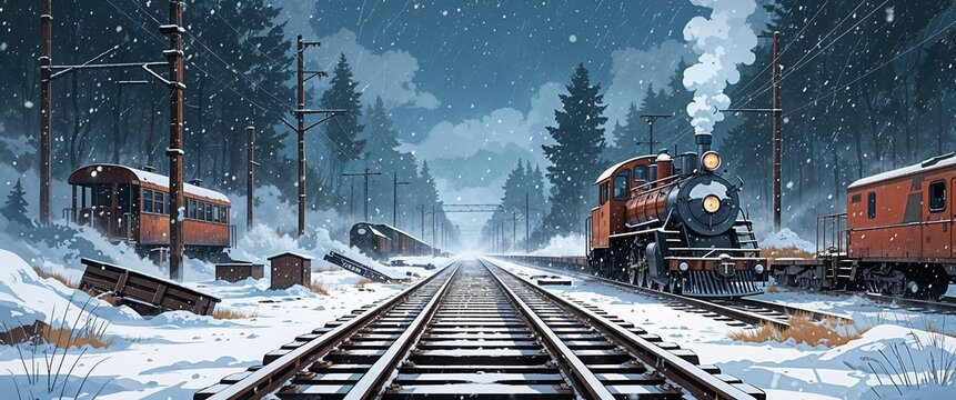 Snowstorm over abandoned train tracks background anime retro cartoon concept illustration