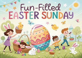 Happy Easter Sunday Poster, Artwork Easter Bunnies with a Big Easter Egg, Ringing a Gold Bell, Easter Greetings with Sunbeam