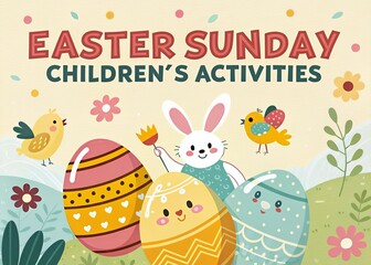 Happy Easter Sunday Poster, Artwork Easter Bunnies with a Big Easter Egg, Ringing a Gold Bell, Easter Greetings with Sunbeam