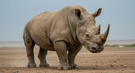Obraz premium Majestic White Rhinoceros Standing in African Savanna Landscape