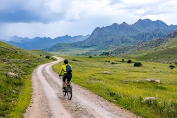 Cyclist riding gravel road exploring the scenic backcountry of Wyoming