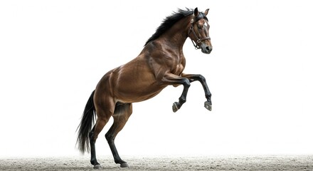Fototapeta premium Powerful Bay Horse Rearing Up on Sand Dramatic Equestrian Image White Background