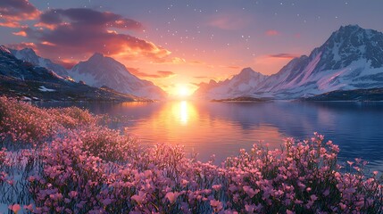 A breathtaking sunset over a calm lake with reflective water surrounded by lush greenery and a colorful sky