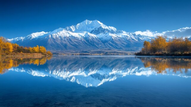 Mount Cook reflecting in Lake Matheson during autumn foliage in West Coast, New Zealand