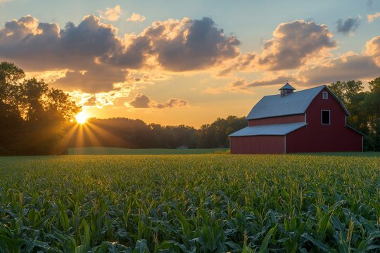 Red barn standing in cornfield at sunset with sun star
