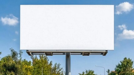 Large Blank White Billboard Against Blue Sky with Green Trees in Daylight