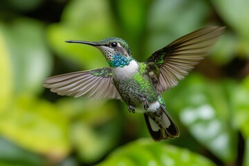 Green-crowned brilliant hummingbird hovering with blurred green background