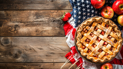 Traditional Fourth of July Treat Table, Apple Pie, Barbecue Skewers, and Watermelon.