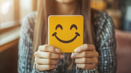 Woman holding smiley face card, cafe setting, happy expression