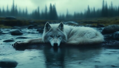 Obraz premium Arctic wolf resting by misty stream