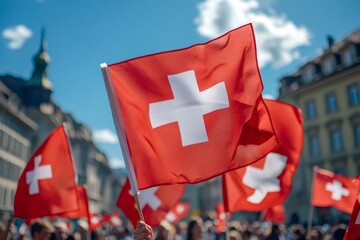 Crowd waving Swiss flags celebrating Swiss National Day in Bern
