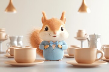 A cute cartoon squirrel in a blue suit and bow tie sits amidst pastel-toned teacups and a coffee pot.