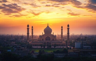 Fototapeta premium Majestic mosque at sunset, overlooking city.