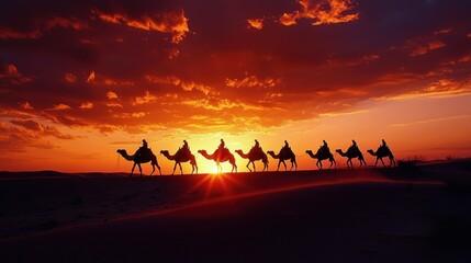 A stunning sunset backdrop highlights a caravan of camels trekking across the desert landscape, capturing a timeless moment of adventure and exploration.