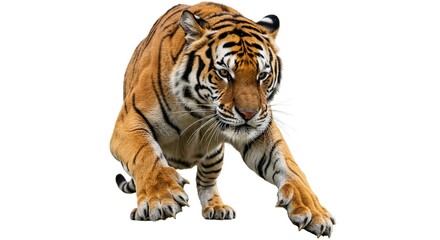 Obraz premium Majestic Bengal Tiger Crouching Ready to Pounce Isolated on White