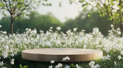 Flat round display stand and meadow background with white flowers