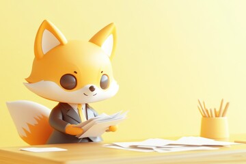 A cute cartoon fox in a suit reviews documents at its desk.