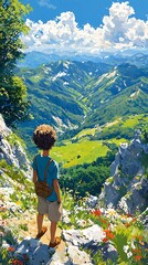 Naklejka premium Boy Contemplates Mountain Valley Vista
