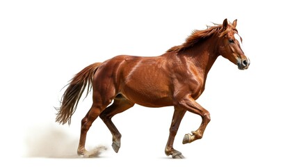 Obraz premium Chestnut Horse Galloping Powerful Running Equine Isolated White Background