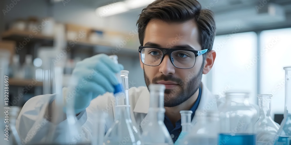 Poster Scientist in Laboratory Conducting Experiments with Glassware