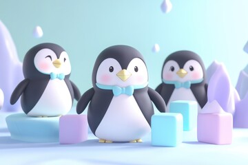 Obraz premium Three adorable cartoon penguins wearing bow ties stand on icy blocks in a pastel-colored winter scene.