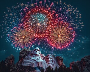Fireworks illuminate iconic mountain sculpture.