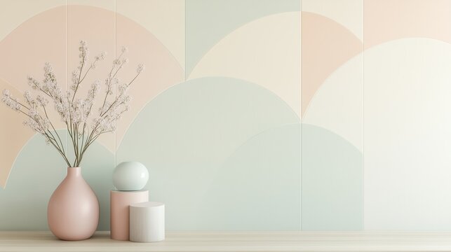 Minimalist pastel wallpaper with smooth curves, subtle geometric elements, and a mint, blush, and yellow palette for a calming, elegant look