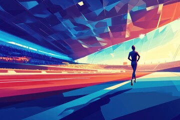 A runner in an arena running toward the stadium stands