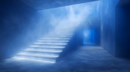 Mysterious stairway in a dark room illuminated by subtle light creating an enigmatic and intriguing atmosphere