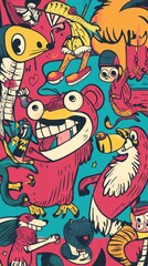 Whimsical cartoon characters featured on a colorful digital illustration