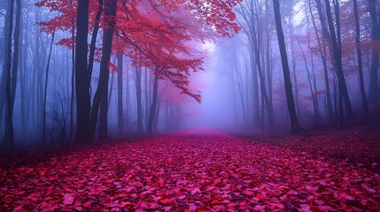 Scenic pathway through a forest covered with striking red leaves creating a beautiful autumn wonderland