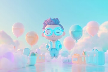 A cute cartoon boy in a suit floats amidst pastel balloons and school supplies, symbolizing a joyful back-to-school theme.