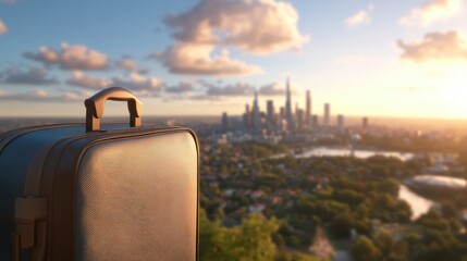 Opening New Horizons: Cityscape within Giant Suitcase Representing Business Trips as Gateways to Economic Opportunities and Urban Networking