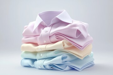 A stack of pastel-colored shirts neatly folded, showcasing soft hues and textures.